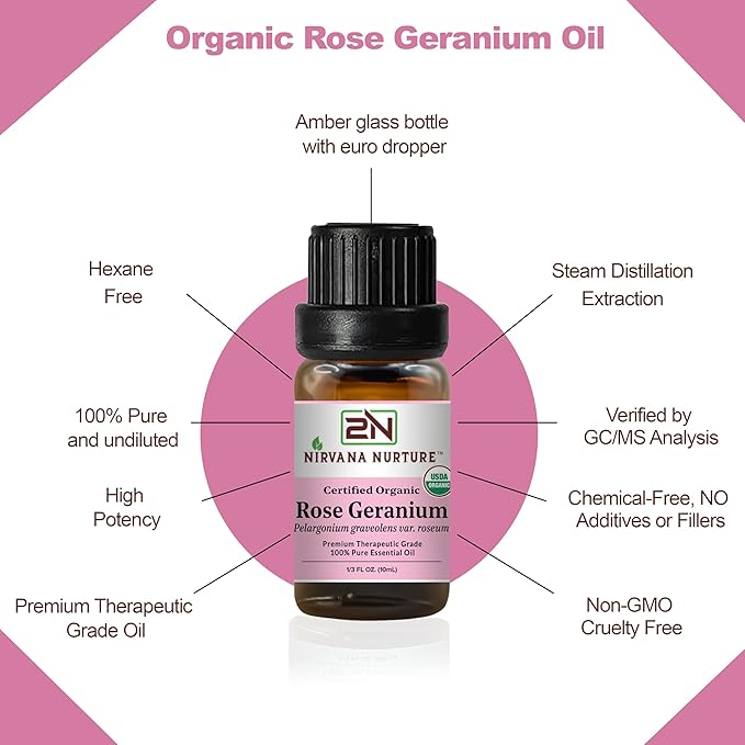 Nirvana Nurture Rose Geranium Essential Oil USDA Certified Organic, 100% Pure Natural Premium Grade, Undiluted