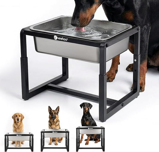 Veehoo 2.4 Gallon Elevated Large Dog Water Bowl, Raised Stainless Steel Water Bowl Stand for Large Breeds, 3 Adjustable Heights Tall Dog Feeding Station for Relief Joint Pressure, Indoor & Outdoor