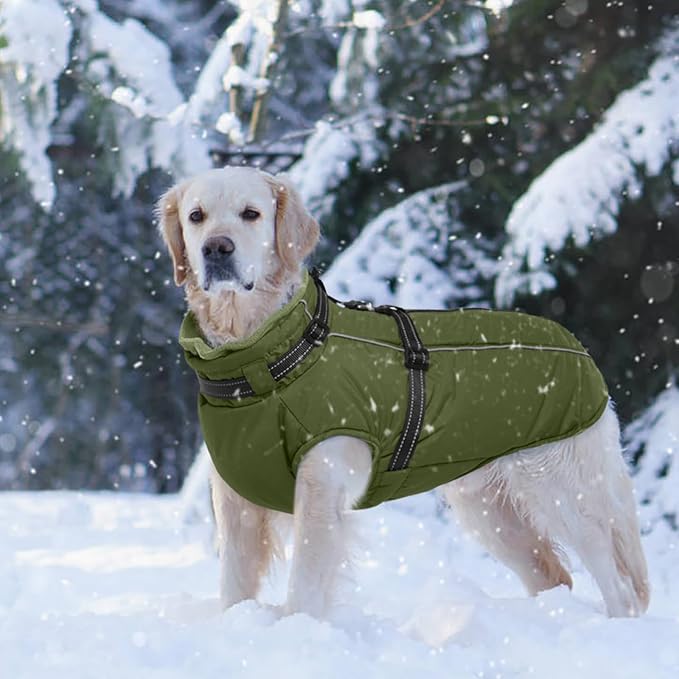 Lelepet Dog Coat with Harness Built in, Waterproof Dog Jacket for Large Dogs Reflective Winter Jacket with Zip Warm Cold Weather Coats for Dogs,Turtleneck Snowsuit, Great Dane, Army Green, XXXL