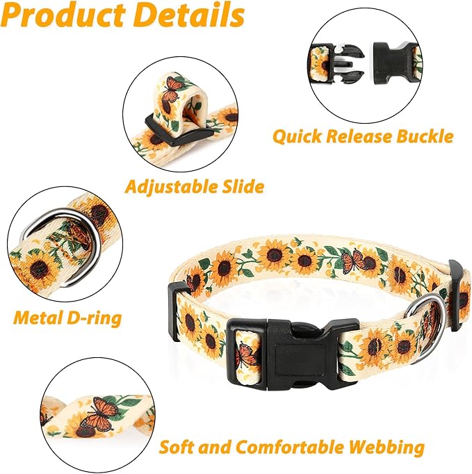 HEELE Dog Collar, Adjustable Soft Dog Collar for Small Medium Large Dogs,Sunflower Floral Patterned Puppy Collars with Quick Release Buckle Sunflower Yellow L Length 15.94''-25.59'