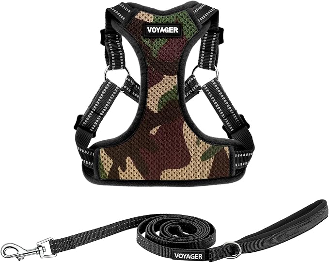 Best Pet Supplies Voyager Mesh Dog Breathable Harness Reflective Stitching, All Weather Adjustable for Walking Training, or Running - Heavy Duty & Durable, Harness Leash Set (Army Base), M