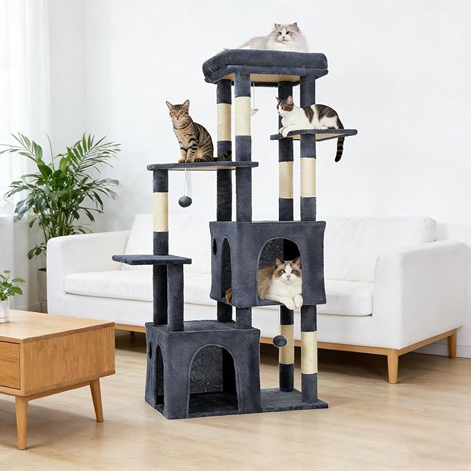 Cat Tree - 157cm Tall, Sisal Wrapped Scratching Post, Cat Nest, Hanging Ball, Extended Platform