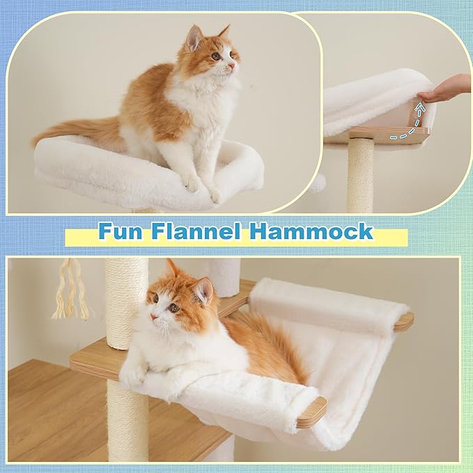 Hey-brother Wooden Cat Tree, 69.7 inch Cats Furniture Tower with Large Platforms, Hammocks, Spacious Condo, Full Sisal Scratching Posts, Ladder, Brush, Water Proof Surface, White Oak MPJ120BT
