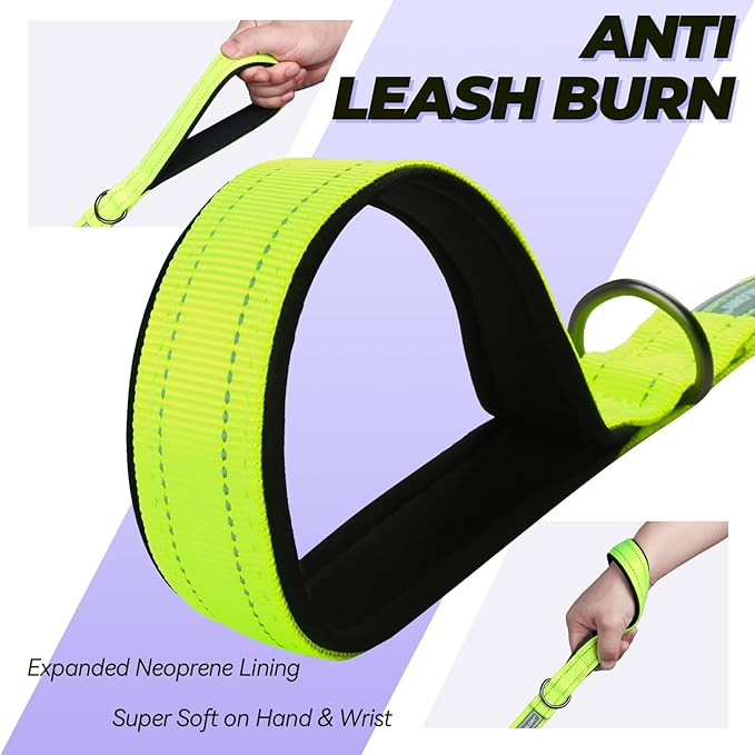 VIVAGLORY Twingrip Dog Leash, Double Handle Dog Leash for Training & Walking with Traffic Handle & 2 Loop, Traffic Control Reflective Heavy Duty for Puppy Pet, 5ft x 1in, Bright Yellow