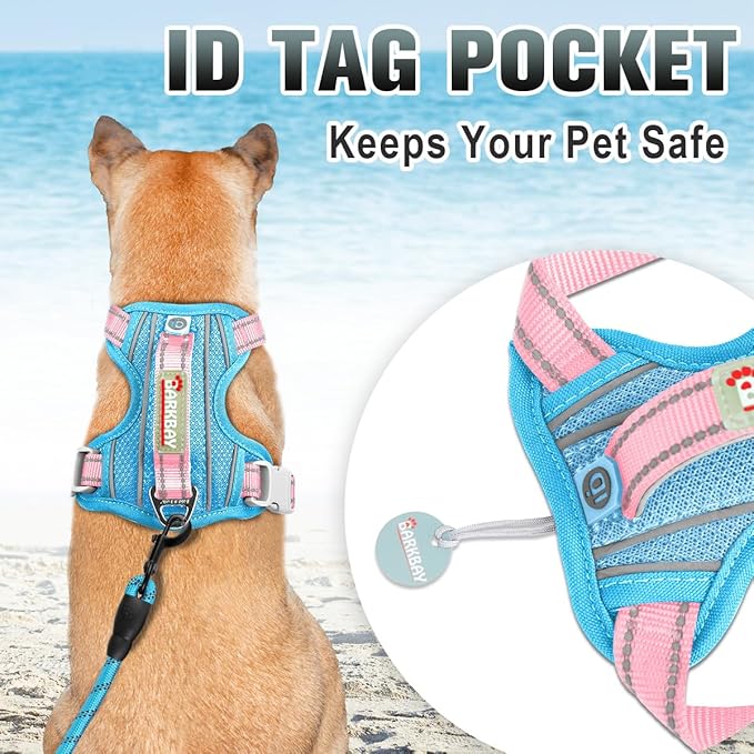 BARKBAY No Pull Dog Harness Large Reflective Dog Harness with Front Clip and Easy Control Handle for Walking Training Running with ID tag Pocket(Baby Blue & Baby Pink,XS)