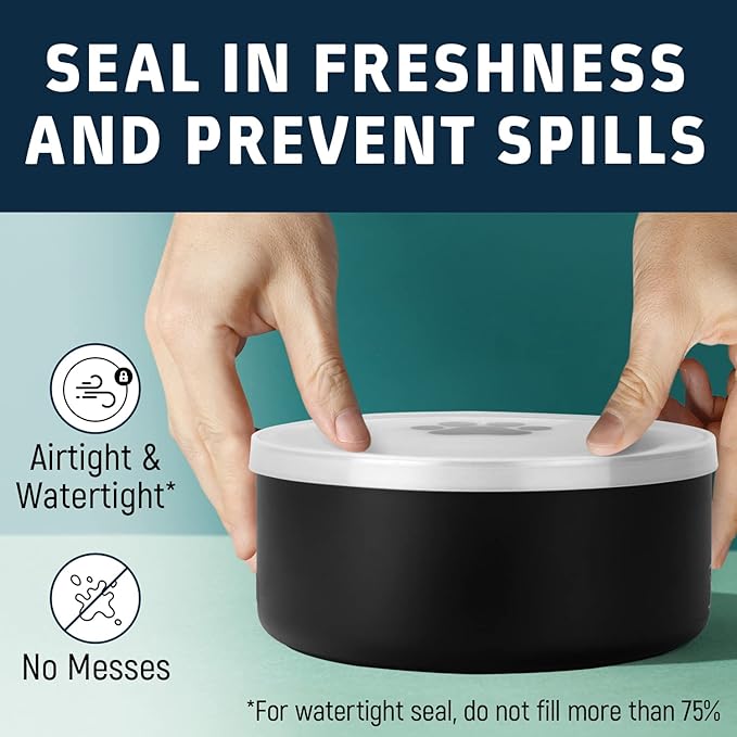 IMPRESA Silicone Dog Bowl Covers - Airtight & Watertight Lids for Dog Bowls - Dishwasher-Safe Silicone Lid - 8-Inch, White & Black, Pack of 2