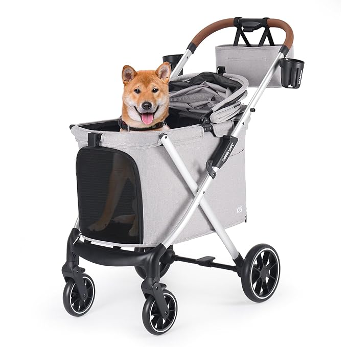 Beberoad Pets X6 Luxury Dog Stroller for Medium Dogs, All-Terrain Foldable Dog Stroller with 180° Canopy, 4-Wheel Shock Absorption (Grey)