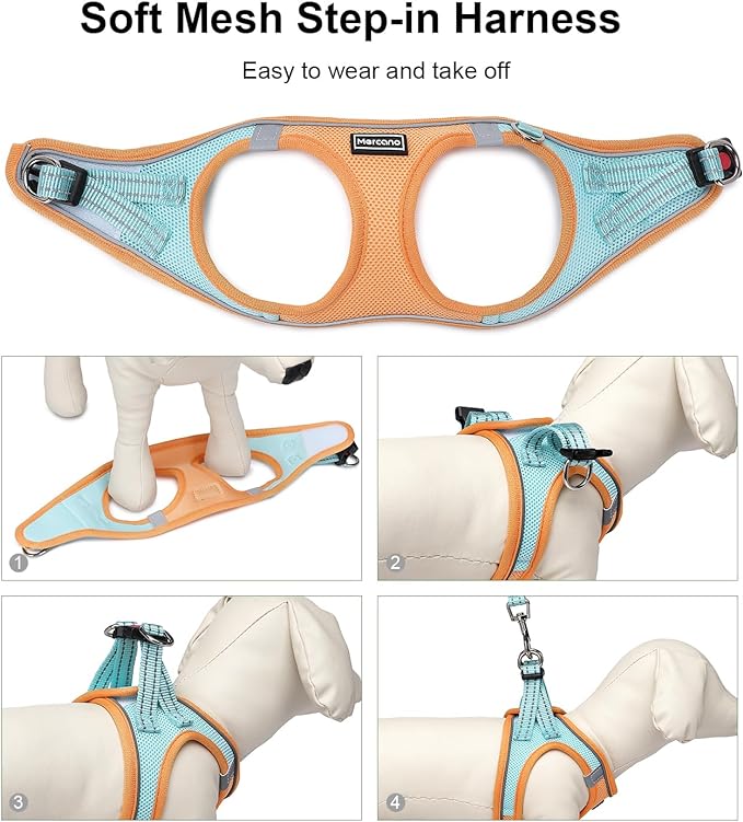 Mercano Soft Mesh Dog Harness and Leash Set, No-Chock Step-in Reflective Breathable Lightweight Easy Walk Vest Harnesses with Safety Buckle for Small Dogs, Cats (L, Orange Blue)