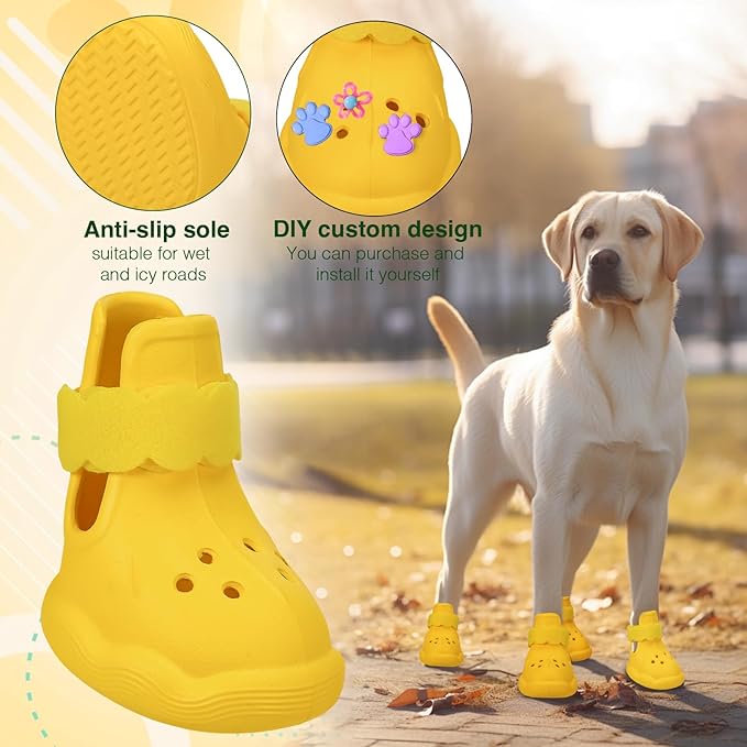 Dog Shoes for Hot Pavement and Snow – Waterproof, Non-Slip, Breathable Booties with Adjustable Straps for Small, Medium and Large Dogs (Yellow, L)