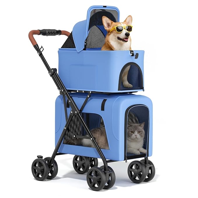 Magshion Foldable Double Pet Stroller for 2 Small & Medium Dogs and Cats, Detachable Top & Bottom Carriers, Breathable Mesh, One-Click Fold, Cat Stroller with No Zip Entry
