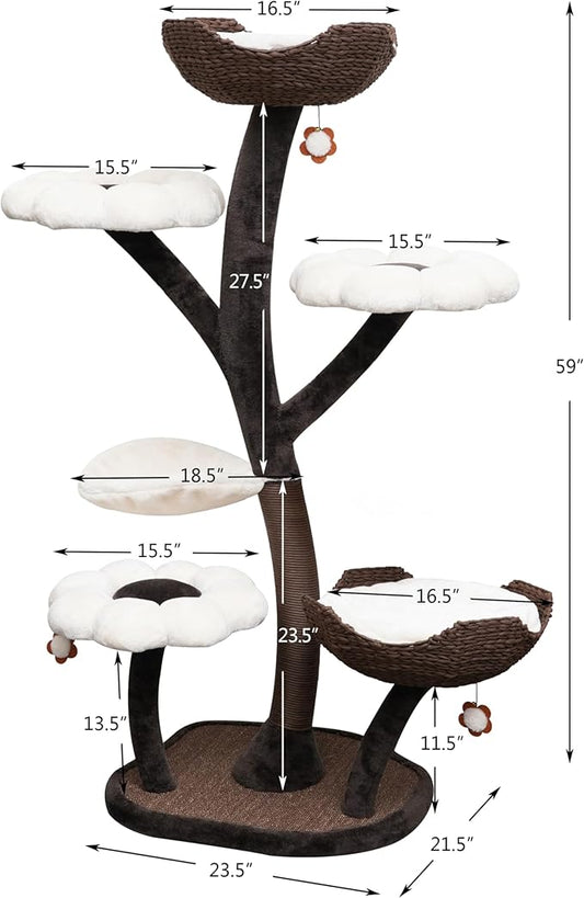 Catry Blossom 59" Flower Cat Tree with Replaceable Flower Perches and Scratching Posts, Handwoven Baskets with Washable Beds, Durable Iron Frame for Large & Multi-Cat Homes