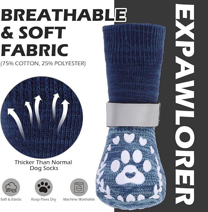 EXPAWLORER Dog Socks to Prevent Licking and Slipping, Winter Dog Shoes for Cold Weather Snow, Paw Protectors for Hardwood Floors Anti-Slip, Dog Booties for Small Medium Large Senior Dogs, Navy Blue M