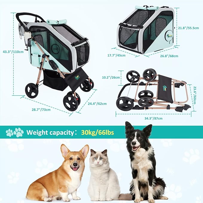 Ownpets Dog Stroller with Upgraded 4 Wheels, 3 in 1 Foldable Pet Stroller for Medium Dogs and Cats Up to 66lbs, Detachable Carrier for Car Seat, with Storage Organizer, Cup Holder