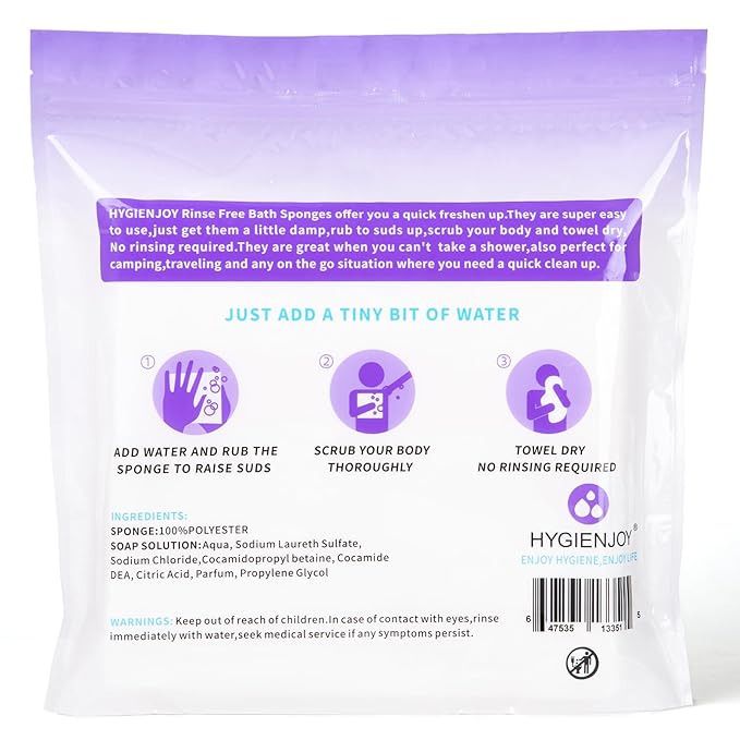 HYGIENJOY-21% Larger Rinse Free Bath Sponges for Adults-Disposable No Rinse Bathing Wipes-Soap Infused,Dry Shower Wipes for Elderly,Camping,Post Surgery Must Haves,(Lavender 25 Counts）