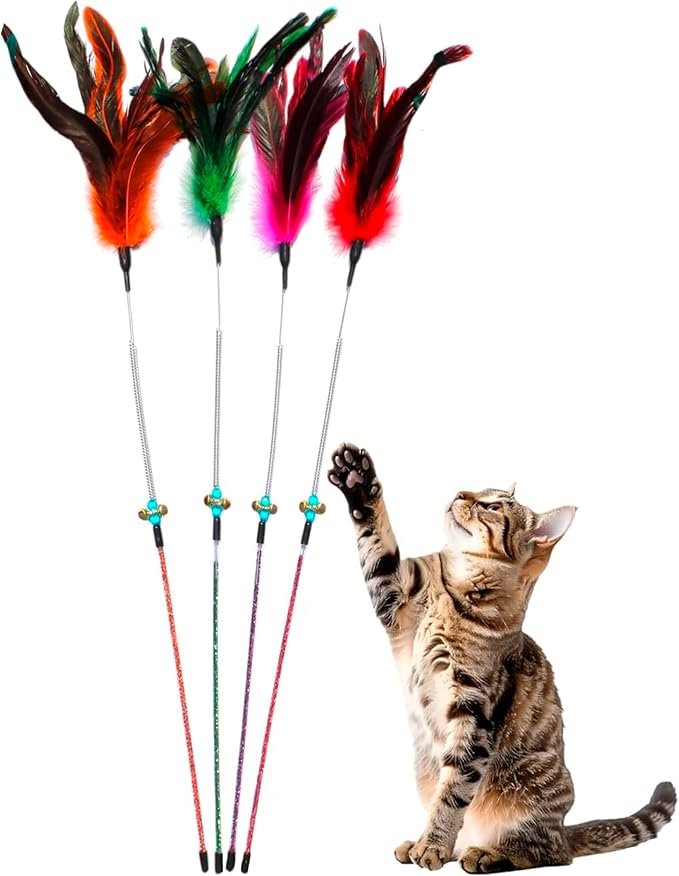 Paws Power Cat Wand Toy Feather Sticks - Interactive Wands Toy Set with Feathers, Durable Spring Design - Perfect for Engaging Playtime Fun for Kittens and Cats - Cat Toys for Indoor Cats (4 Pcs)