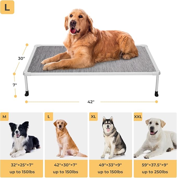 Veehoo Chewproof Elevated Dog Bed - Cooling Raised Pet Cot, Breathable Mesh, Washable & Non-Slip for large Dogs, Indoor/Outdoor, Black Silver Mat and Silver Metal Frame, 42x30inches (Model CWC2203B03)