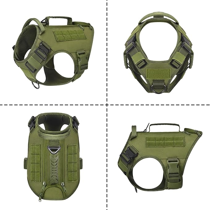 Tactical Dog Backpack Harness for Large Breed Original Design Metal Buckle Vest with Side Bags Pouches for Service Working Training (Green (with 2 Pouches), XL)