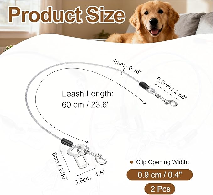 Chew Proof Dog Leash, 24 in Dog Seat Belt Harness with Double Clips Leash Extender Steel Braided Vehicle Tether, (Transparent, 2 Pcs), Intended for Pet Car Safety/Walking/Training