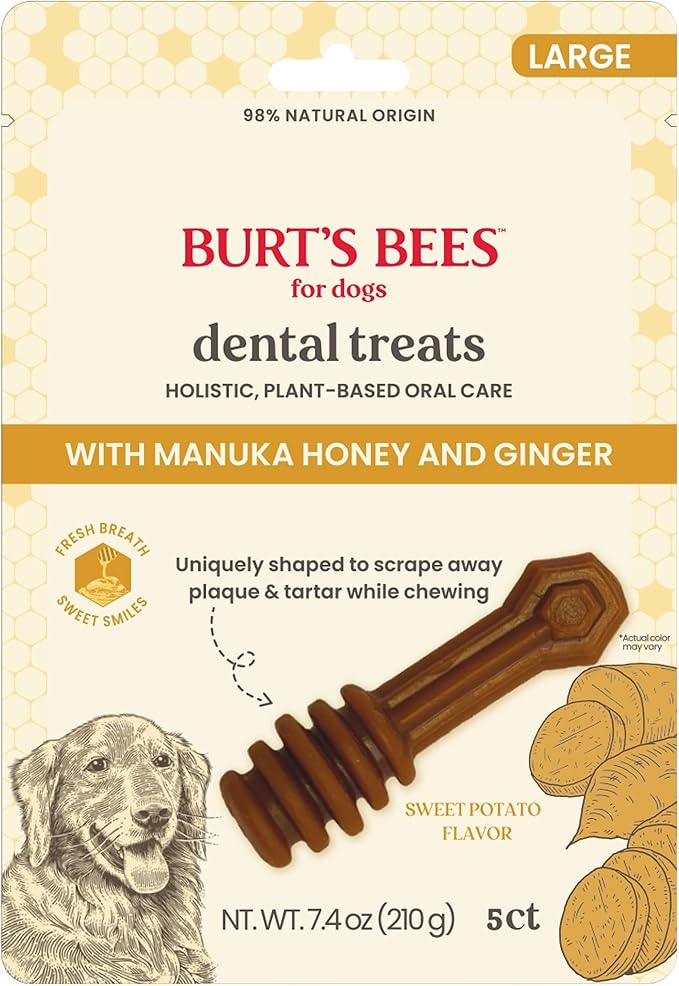 BURT'S BEES FOR PETS Dental Treats for Dogs with Manuka Honey & Ginger, Holistic, Plant-Based Oral Care, 98% Natural Origin Formulas, Sweet Potato Flavor, Dog Treats Medium Dogs, Sz Md/Lg 5ct, 7 oz