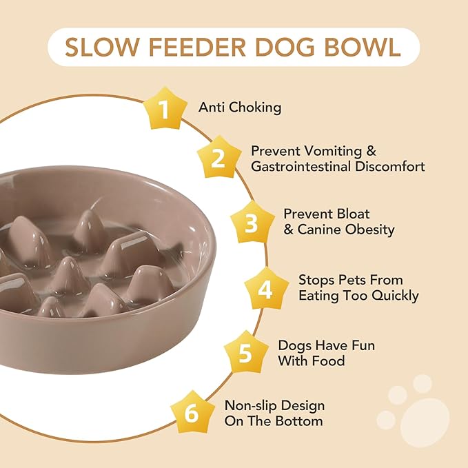 Ceramic 1.2 Cup Dog Bowl Slow Feeder, 7.3 inch Slow Pet Food Dish for Medium and Small Dog, Stop Bloat, Stop Bloat, Preventing Choking(Single Bowl, Brown Coffee)