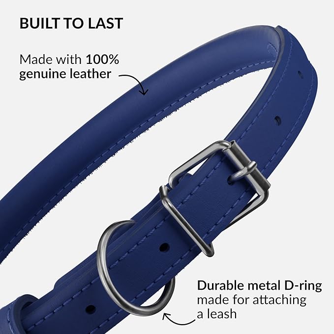 CollarDirect Rolled Leather Dog Collar, Soft Padded Round Puppy Collar, Handmade Genuine Leather Collar Dog Small Large Cat Collars 13 Colors (6-7 Inch, Deep Blue Smooth)
