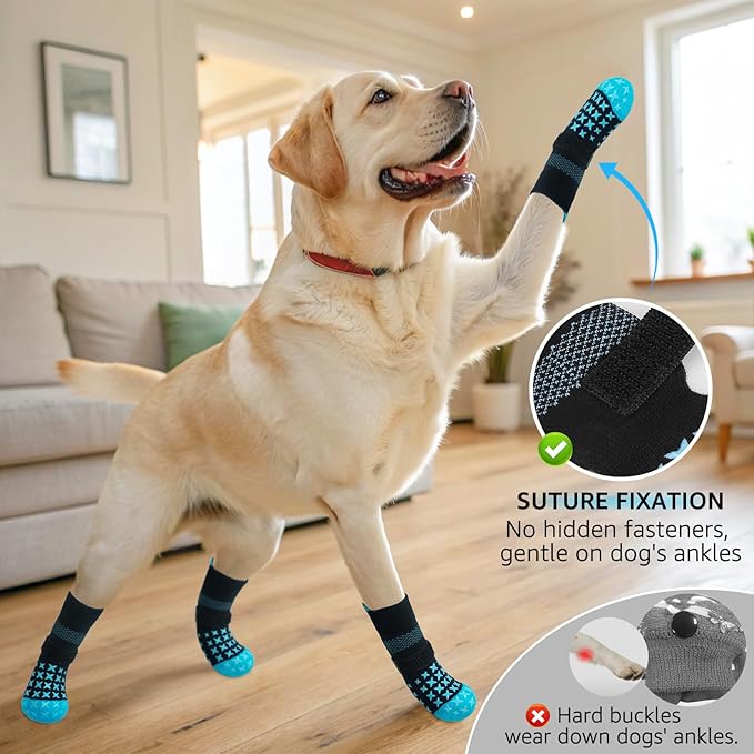 SCENEREAL Anti Slip Dog Socks to Prevent Licking Paws, Dog Booties & Paw Protectors for Hot Pavement Hardwood Floors, Traction Control for Small Medium Large Senior Dogs, Blue L