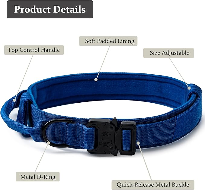 Tactical Dog Collar, Adjustable Military Training Nylon Dog Collar with Control Handle and Heavy Quick-Release Metal Buckle for Small Medium Large Dogs, Dark Blue S