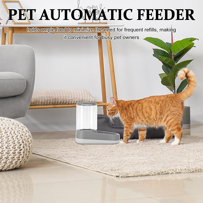 Mikikit Automatic Pet Feeder and Water Dispenser Grey, Gravity Dog Self Feeder with Waterer for Small to Medium Dogs and Cats, Outdoor Compatible Feeding Station