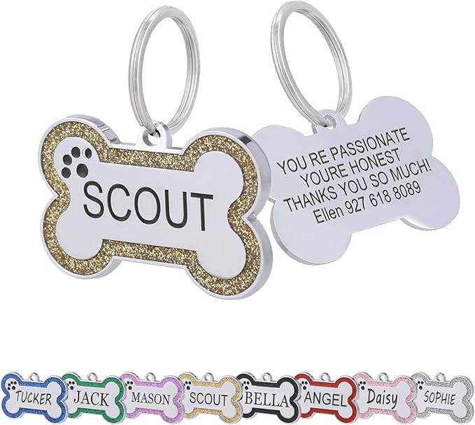 Personalized Dog Tags - Stainless Steel Deep Engraved Glitter Bone Shape Pet ID Tag, Double Sided Custom Text, Lightweight Durable Cat Dog Name Tag (Gold, L)