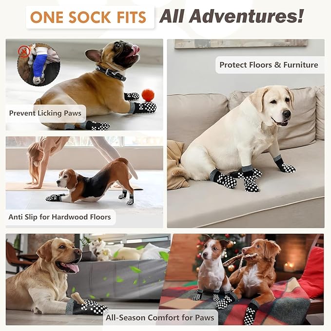 8 Pack Non Slip Dog Socks to Prevent Licking Paws Grippy Socks for Senior Dog on Hardwood Floors Anti Slip Dog Socks for Hot Pavement Double Side Paw Protector Prevent Scratching Black S