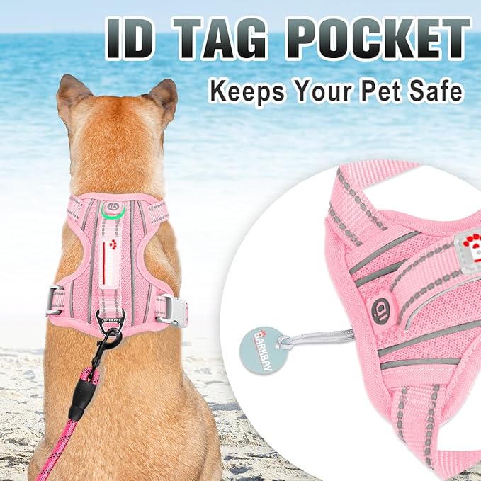 BARKBAY No Pull Dog Harness Large Reflective Dog Harness with Front Clip and Easy Control Handle for Walking Training Running with ID tag Pocket(Baby Pink,M)