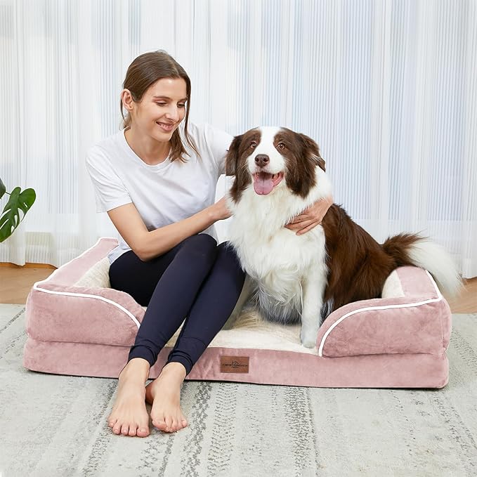 Comfort Expression Orthopedic Dog Bed for Medium Dogs 30x20 Inch, Waterproof Supportive Egg Crate Foam Medium Pet Bed with Removable Bolsters, Dog Couch with Washable Cover & Non-Slip Bottom, Pink