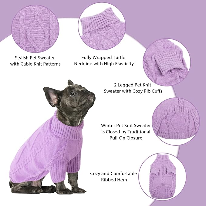 Queenmore Small Dog Pullover Sweater, Cold Weather Cable Knitwear, Classic Turtleneck Thick Warm Clothes for Chihuahua, Bulldog, Dachshund, Pug (Lilac, X-Small)