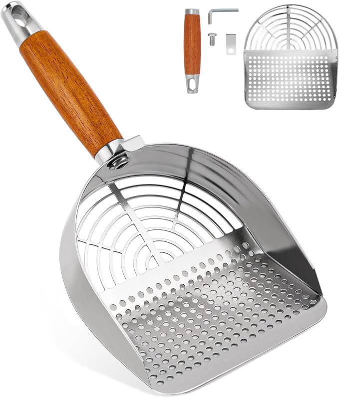 Ownpets Stainless Steel Cat Litter Scoop with Stand - Durable Wood Handle, Double-Wide Holes, Quick-Filter Design, Easy to Clean