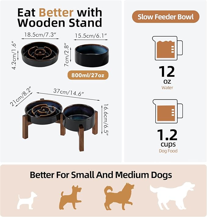 Ceramic 1.2 Cup Raised Slow Feeder Dog Bowl Set, Elevated 6.1inch Bowl and 7.3inch Dish with Acacia Wood Stand for Small and Medium Dog(2 x Starry Sky+ Stand)