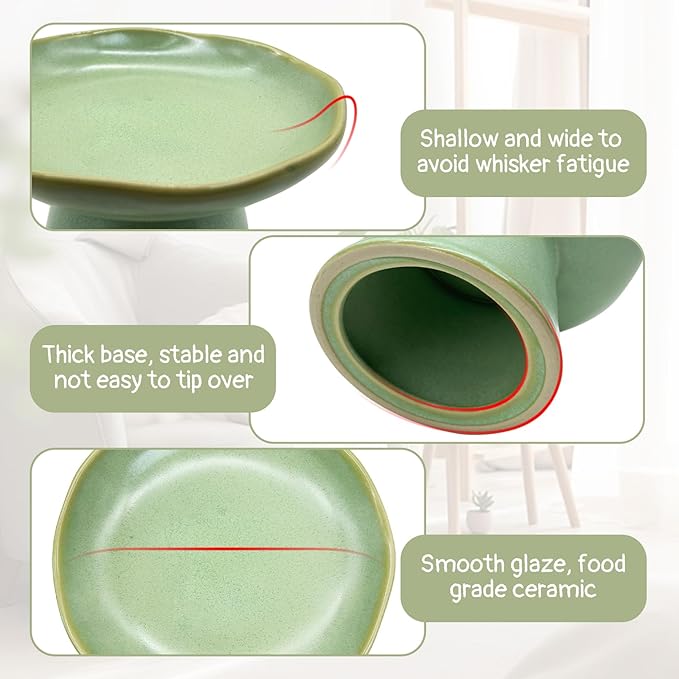 VCEPJH Raised Cat Food Bowls Shallow Cat Plate Ceramic Elevated Cats Dish 6.1in Flat Anti Whisker Fatigue Wide Pet Food & Water Feeder for Indoor Kitty Kitten (Green)