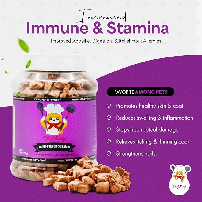 Chef Kitty Freeze-Dried Chicken Heart Treats for Cats & Dogs – 100% Human Grade, Single Ingredient, High-Protein, Healthy Snack – No Additives or Preservatives – 2.6oz - Inspected & Tested in USA