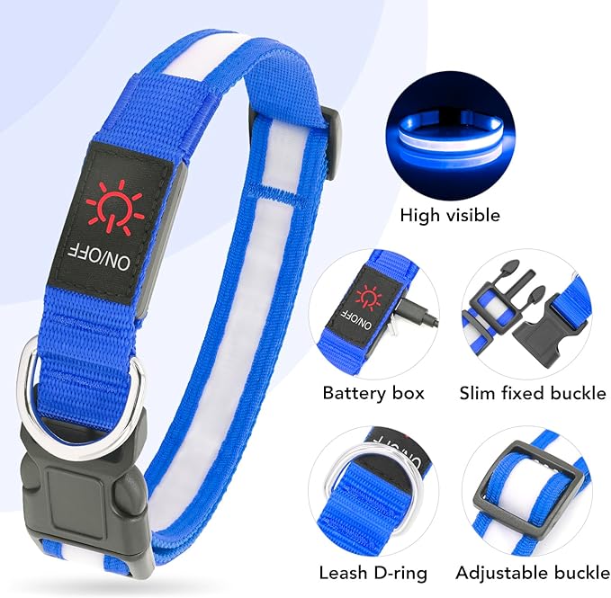 Vizpet LED Dog Collar, Light Up Dog Collar Adjustable USB Rechargeable Super Bright Safety Light Glowing Collars for Dogs(Medium,Blue)