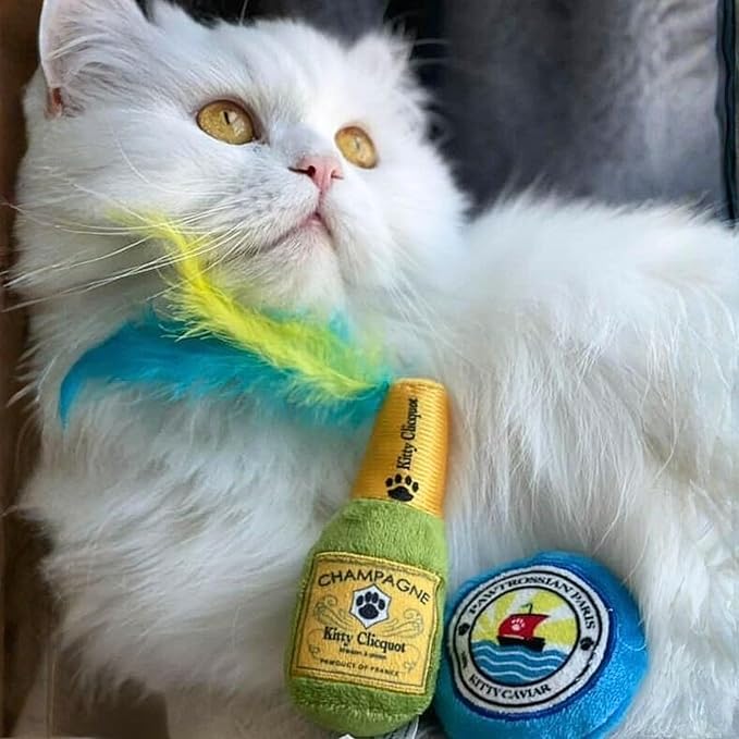 Haute Diggity Kitty Clicquot Champagne & Caviar + Kitty Cocktails Apawrol Spritz & Cattini Set, Plush Cat Toys Catnip Filled with Interactive Crackle Sound, Safe, Durable Toys for Cat & Kitten, 4 Pcs