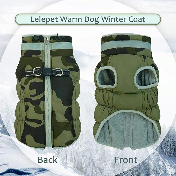 Lelepet Dog Coat Warm Dog Winter Coat Waterproof Dogs Jacket with Harness Built in Reflective Pet Fleece Vest Zip-Up Cold Weather Coats for Dogs Turtleneck & Windproof Coats Chihuahua Green Camo XS