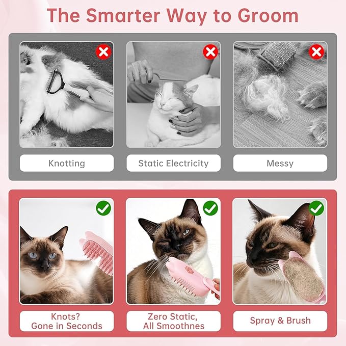 2025 New Steam Brush for Cats, 3 in 1 Steam Comb for Shedding Dog Pet Hair Cleaning Brush for Spray Dog Grooming for Long & Short Haired Pets – Cat Hair Spritz Defur Comb