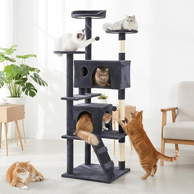 Large Cat Tree 70 Inch, Multi-Level Cat Tree Tower with Condo, Perches, Sisal Scratching Posts and Climbing Ladder, Pet Play House with Dangling Balls for Indoor Cats, Dark Grey