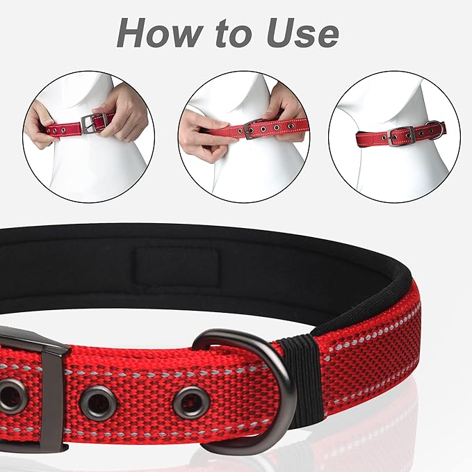 PetiFine Dog Collar for Large Dogs, Neoprene Padded and Adjustable, Reflective Wide Heavy Duty Pet Collars with Durable Metal Belt Buckle for Walking, Red, L