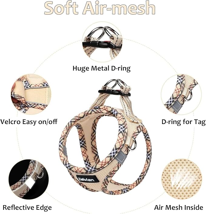 Cat Harness and Leash Set for Walking, Escape Proof Adjustable Soft Mesh Kitten Harness with Reflective Strips, Breathable No-Choke Pet Vest for Small Cats or Puppies(Beige,L)