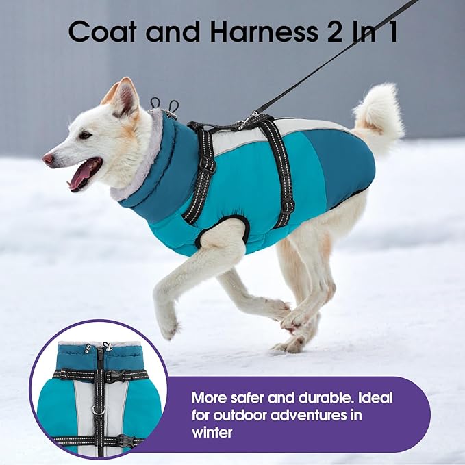 SUNFURA Dog Coat for Small Dogs, Warm Dog Winter Jacket with Harness Built in, Waterproof Pet Snow Jacket Fleece Cold Weather Coats for Puppy Chihuahua, Maltese, Turquoise XS