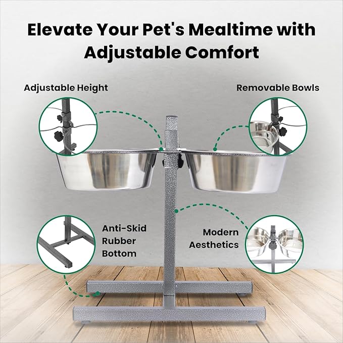 Iconic Pet Adjustable H-Design Double Diner - Non-Skid Rubber Base Noise Free Stable Dog Food Stand with 3 Quart/ 96 oz Stainless Steel Elevated Dog Food Bowls for Proper Growth & Digestion
