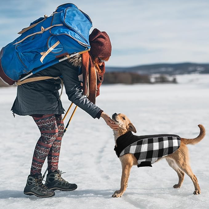 Kuoser Dog Winter Coat, Reversible Waterproof Dog Jacket with Reflective Strip, Warm Dogs Fleece Vest Adjustable Doggy Cold Weather Clothes Plaid Christmas Outfit Pet Apparel for Medium Dogs, Black M