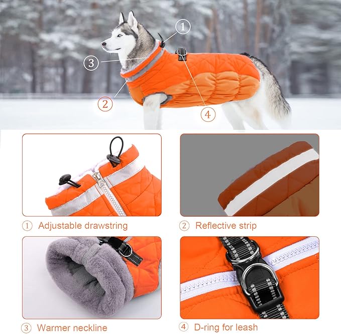 Lelepet Dog Coat Warm Dog Winter Coat Waterproof Dogs Jacket with Harness Built in Reflective Pet Fleece Vest Zip-Up Cold Weather Coats for Small Dogs Turtleneck & Windproof Chihuahua Blaze Orange XS