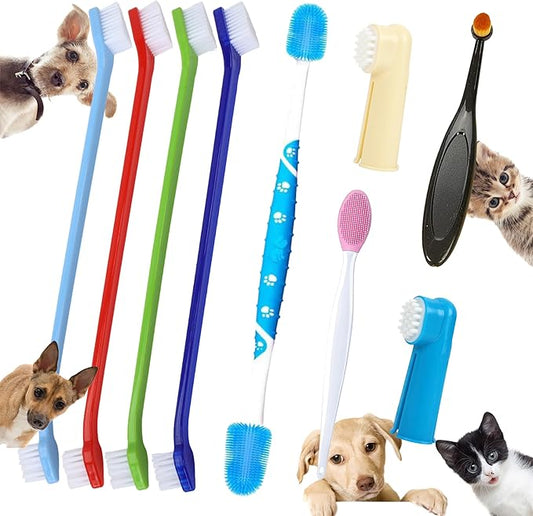 9 Pack Dog Tooth Brushing Kit, Pet Dental Hygiene & Grooming Set for Dogs and Cats, Includes Dual-Head Toothbrush, Finger Brushes, Tongue Scraper and Tear-Stain Grooming Brush