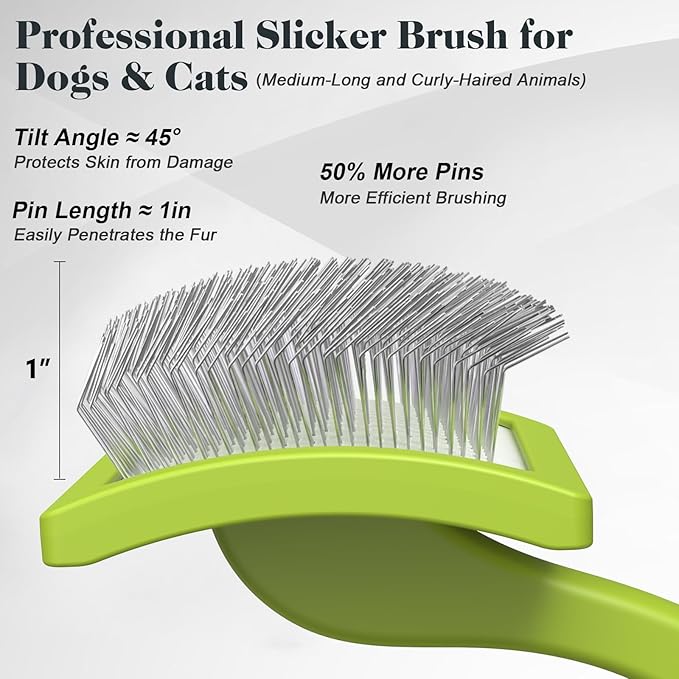 2PCS Slicker Brush for Dogs & Pet Comb,Professional Dog Grooming Brush (Goldendoodles,Poodles,Labradoodles) with Extra Long Pins to Effectively Remove Tangles, Knots and Mats (Green, Large)